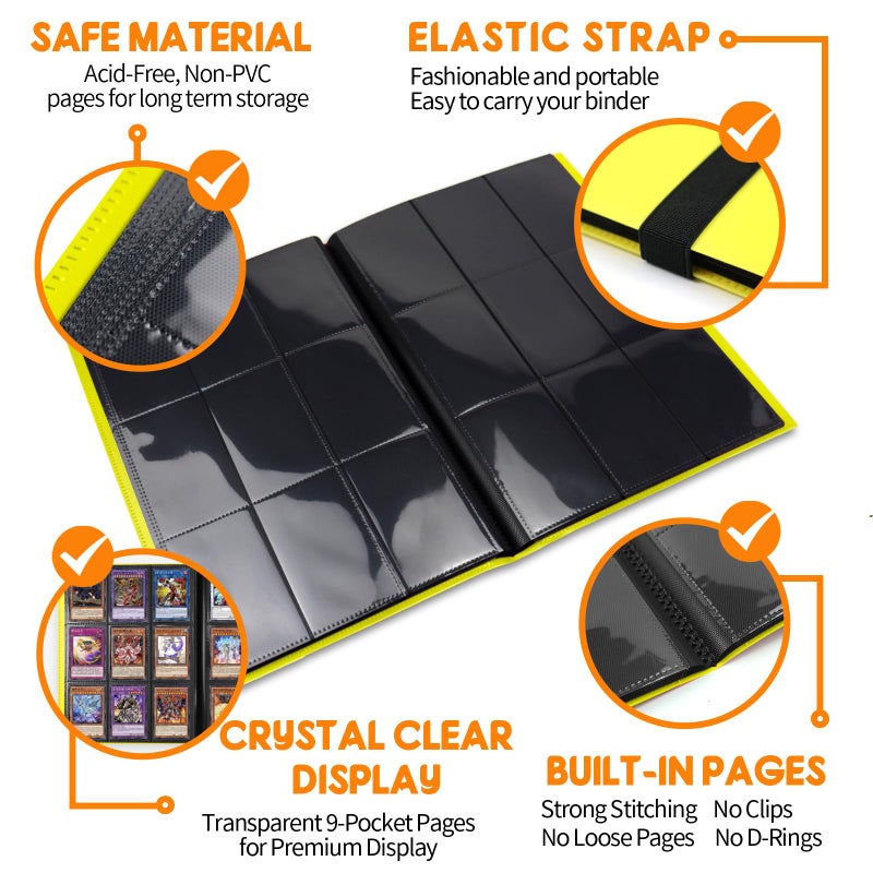 KIOEEE Yellow Card Binder 9 Pocket, PP Cover Trading Card Binder for 360 Cards, Sturdy Card Collection Album, Card Holder Folders for MTG, TCG, Game Cards & Sports Cards - Image 3